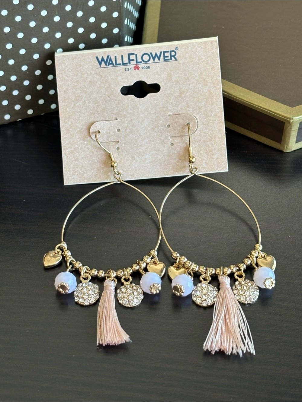 Wallflower Gold Hoop Earrings with Pale Pink Tassels and Crystal Discs